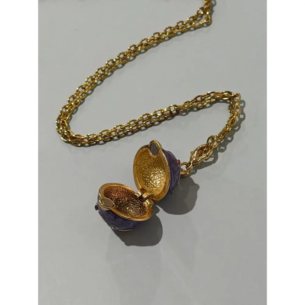 Vintage Joan Rivers Faberge Style Egg Locket Necklace • Purple Enamel • Gold Pl